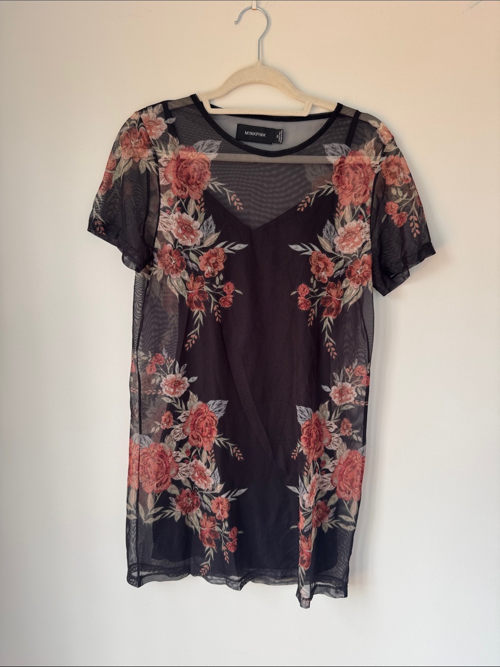 MINKPINK Black Sheer Floral Mini Dress with Coral Roses